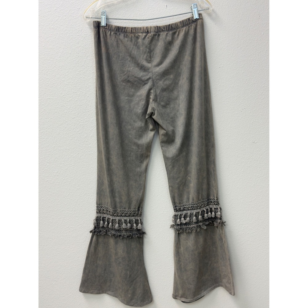 Chatoyant Flare Leg Pants Womens L Gray Tassel Trim Mineral Wash Boho Festival - Picture 3 of 10
